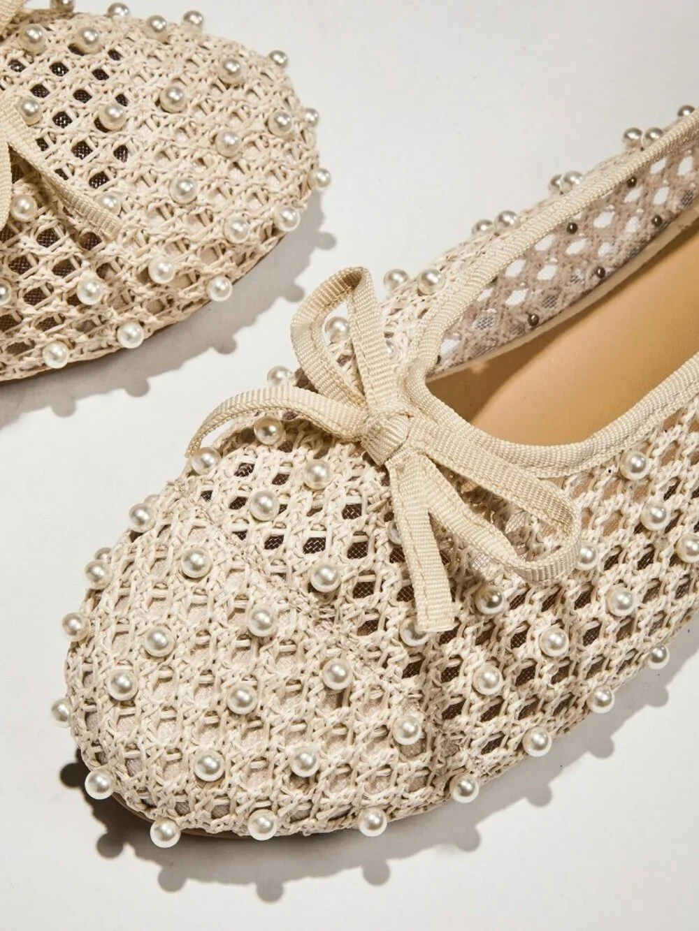 Beige Women's Crochet Mary Jane Ballet Flats with Pearls details
